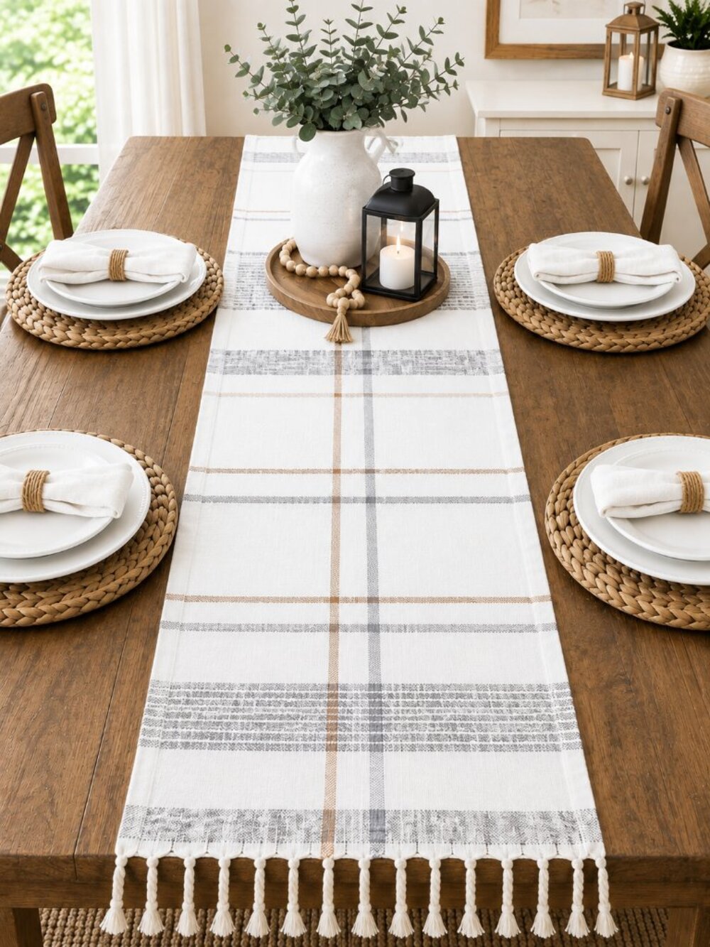 THD Textiles Farmhouse Cotton Table Runner White Gray Fringe 14x72